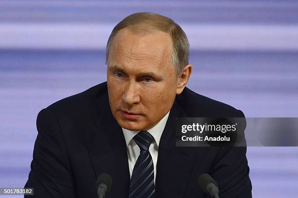 Russian President Vladimir Putin answers the questions of the press members during an annual evaluation session in Moscow, Russia, on December 17,...