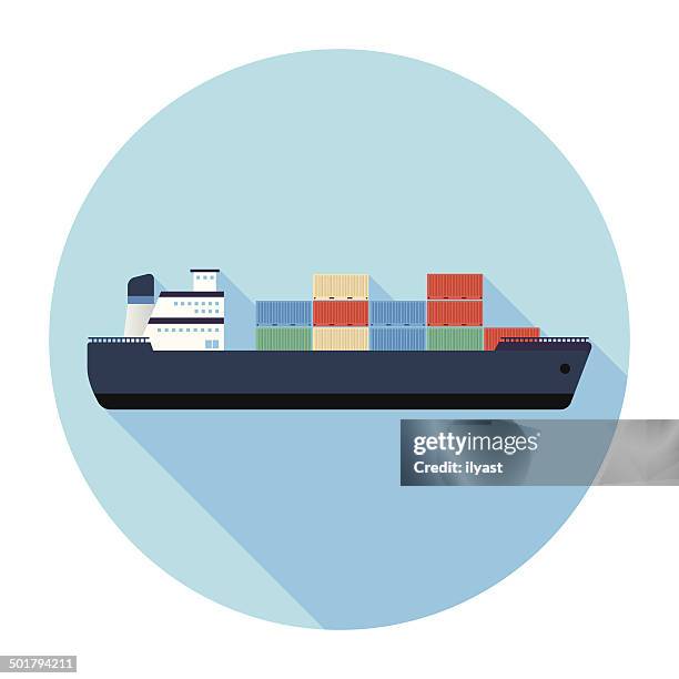 ilustrações de stock, clip art, desenhos animados e ícones de ícone plana navio de carga - formato bidimensional