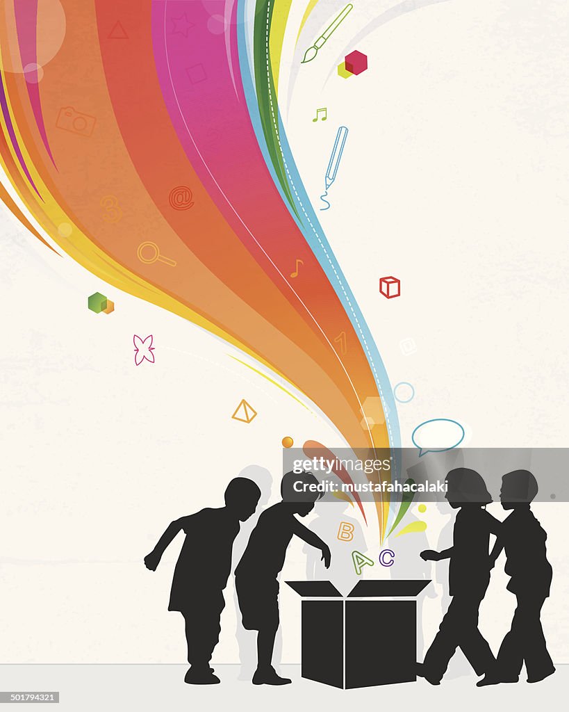 Magic box with rainbow and children silhouettes