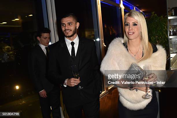Mauro Icardi of FC Internazionale Milano and Wanda Nara attend the FC Internazionale team and staff Christmas Dinner on December 17, 2015 in Milan,...