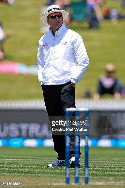 Umpire Nigel Llong during day one of the Second Test match between New Zealand and Sri Lanka at Seddon Park on December 18, 2015 in Hamilton, New...