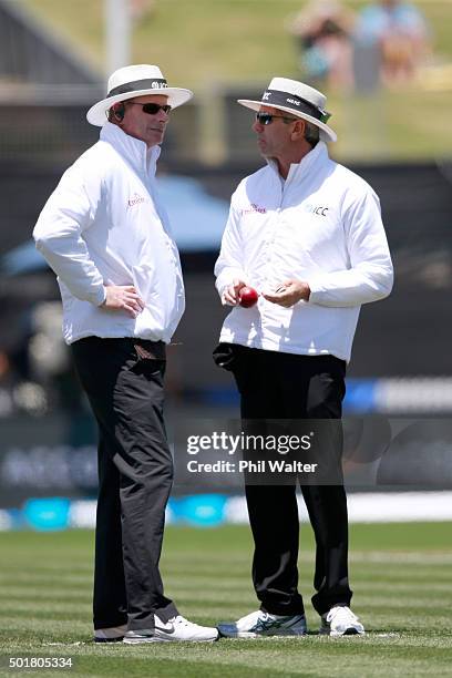 Umpire's Paul Reiffel and Nigel Llong during day one of the Second Test match between New Zealand and Sri Lanka at Seddon Park on December 18, 2015...