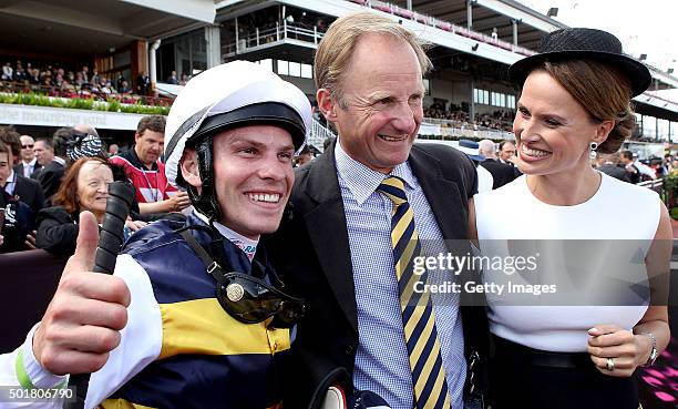 Ben Melham with trainer Antoine de Watrigant and Francesca Cumani after riding Gailo Chop to win race 6, The Longines Mackinnon Stakes on Derby Day...