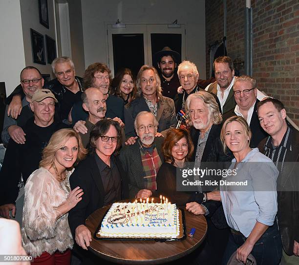 Bottom Row: Rhonda Vincent, Jeff Hanna, Roland White, Marilyn McEuen, John McEuen, Noel McEuen. Second Row: Bernie Leadon, Les Thompson, Matraca...