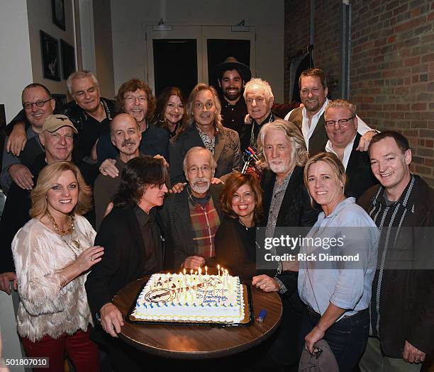 Bottom Row: Rhonda Vincent, Jeff Hanna, Roland White, Marilyn McEuen, John McEuen, Noel McEuen. Second Row: Bernie Leadon, Les Thompson, Matraca...