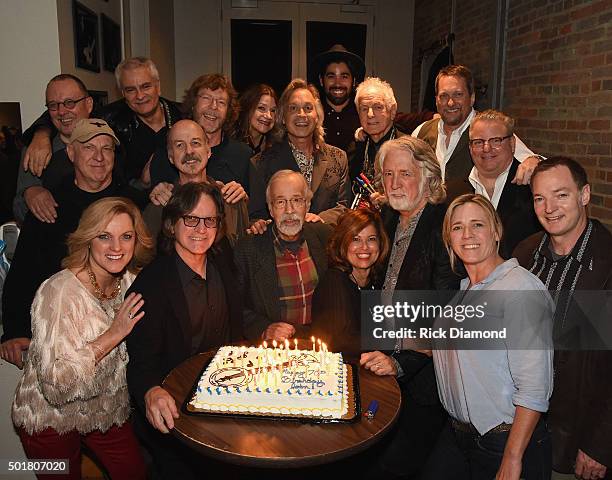 Bottom Row: Rhonda Vincent, Jeff Hanna, Roland White, Marilyn McEuen, John McEuen, Noel McEuen. Second Row: Bernie Leadon, Les Thompson, Matraca...