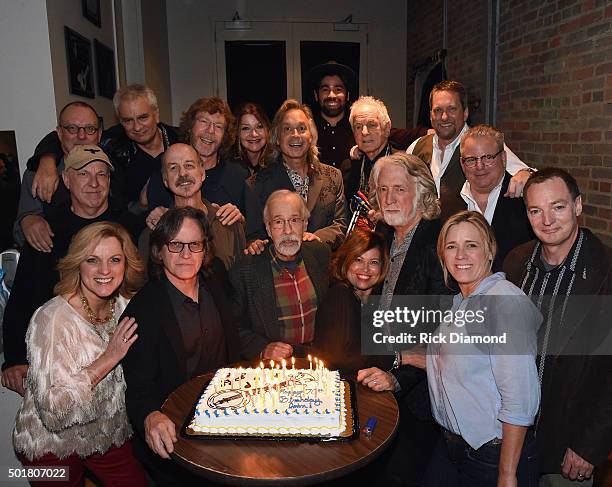 Bottom Row: Rhonda Vincent, Jeff Hanna, Roland White, Marilyn McEuen, John McEuen, Noel McEuen. Second Row: Bernie Leadon, Les Thompson, Matraca...