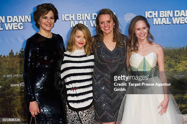 Martina Gedeck, Karoline Schuch, Julia von Heinz and Inez Bjoerk David attend the 'Ich bin dann mal weg' premiere at CineStar on December 17, 2015 in...