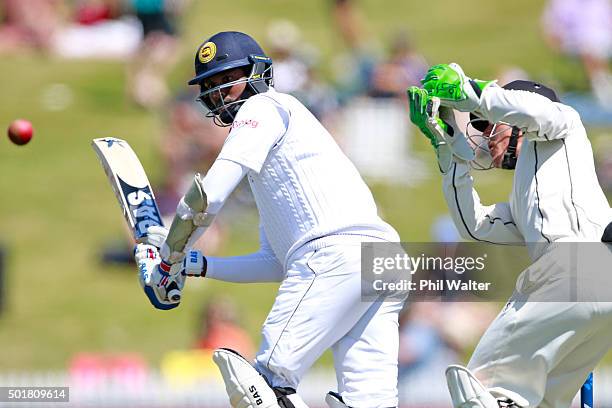 Angelo Mathews of Sri Lanka bats during day one of the Second Test match between New Zealand and Sri Lanka at Seddon Park on December 18, 2015 in...