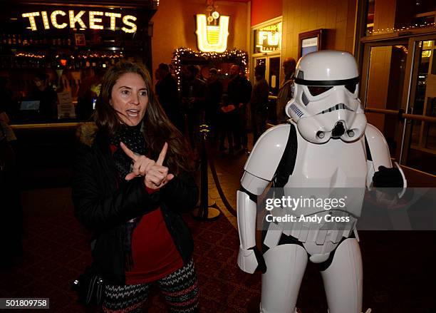 December 17: Star Wars fan Loretta Sanchez dances with a Star Wars Stormtrooper at the Alamo Drafthouse Cinema before the premiere of Star Wars: the...