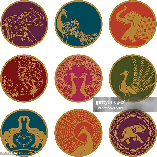 golden elephant and peacock ornaments - indian illustration stock illustrations