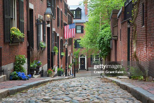 view of old style street - acorn street boston stock pictures, royalty-free photos & images