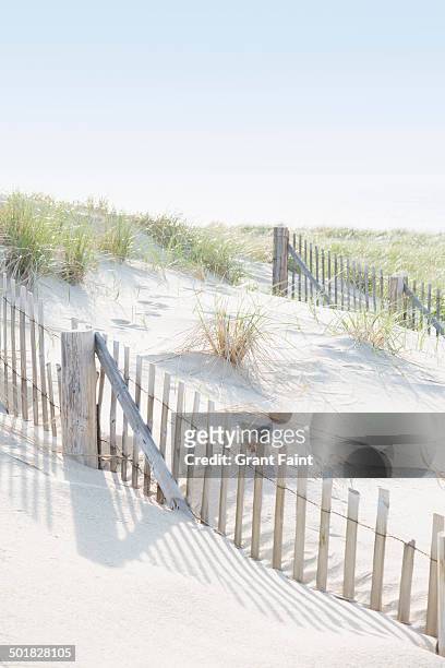 view of cape cod sand dunes - beach fence stock-fotos und bilder