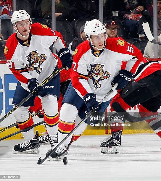 Corban Knight of the Florida Panthers skates against the New Jersey Devils at the Prudential Center on December 17, 2015 in Newark, New Jersey. The...