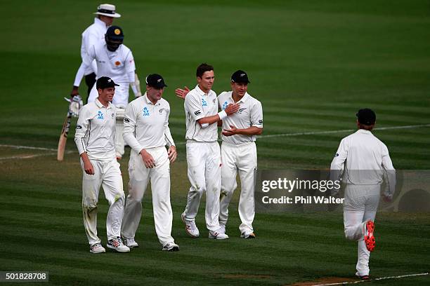 Trent Boult of New Zealand celebrates his wicket of Milinda Siriwardana of Sri Lanka during day one of the Second Test match between New Zealand and...