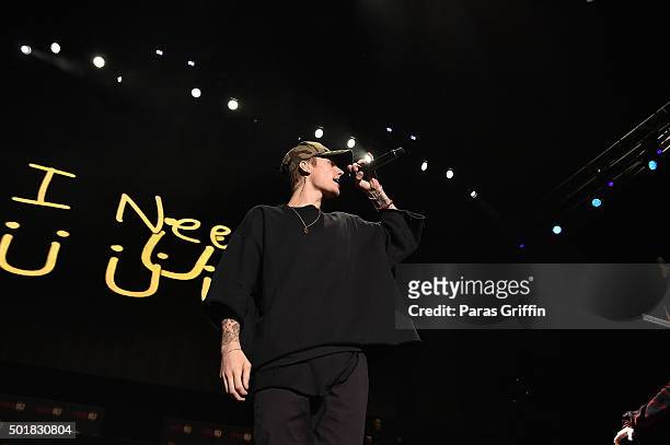 Justin Bieber performs onstage at Power 96.1's Jingle Ball 2015 at Phillips Arena on December 17, 2015 in Atlanta, Georgia.