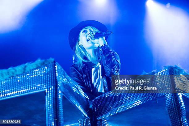 Emily Haines of Metric performs on stage at the Radio 105.7 Holiday Spectacular at The Tabernacle on December 17, 2015 in Atlanta, Georgia.