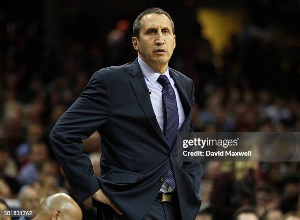 Cleveland Cavaliers head coach David Blatt watches from the sideline against the Oklahoma City Thunder during the second half of their game on...