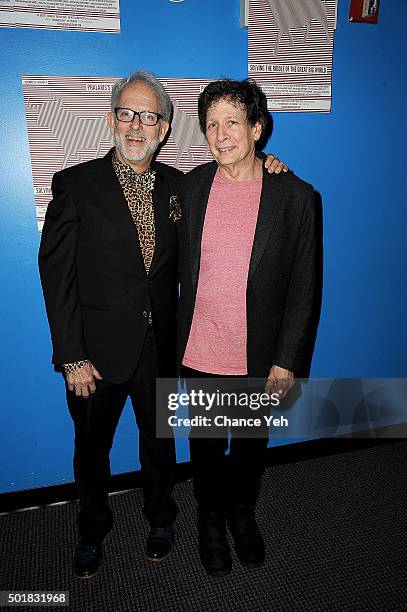 David Schweizer and Steven Friedman attend "Phalaris's Bull: Solving The Riddle Of The Great Big World" opening night at Beckett Theatre on December...