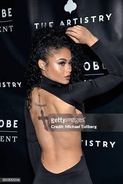 Actress India Westbrooks, tattoo detail, attends the grand opening of the Wardrobe Department LA store at Wardrobe Department on December 17, 2015 in...