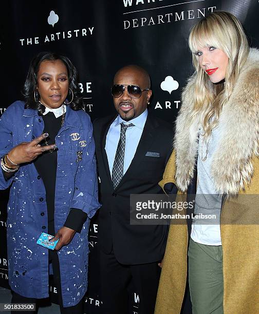 Arell Hughes, Jermaine Dupri and April Roomet attend the Wardrobe Department LA grand opening at Wardrobe Department on December 17, 2015 in Los...