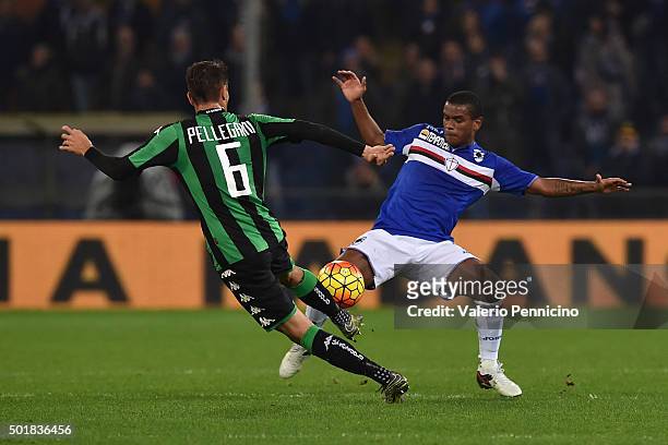 Lucas Martins Fernando of UC Sampdoria is challenged by Lorenzo Pellegrini of US Sassuolo Calcio during the Serie A match between UC Sampdoria and US...