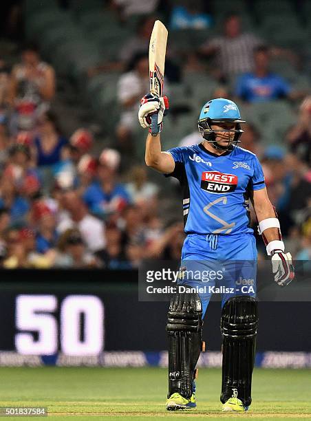 Brad Hodge of the Adelaide Strikers reacts after scoring his half century during the Big Bash League match between the Adelaide Strikers and the...