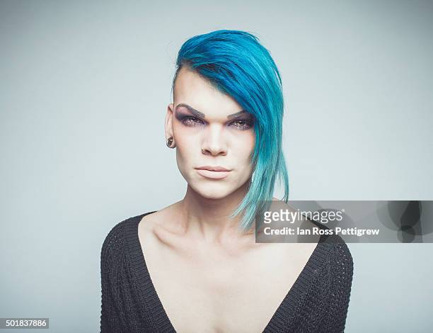 portrait, male transvestite with blue hair - blue hair stock pictures, royalty-free photos & images