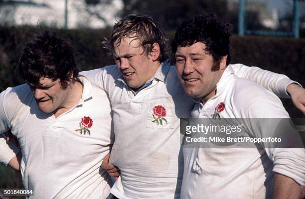 The England front row, left to right, Fran Cotton, Peter Wheeler and Barry Nelmes, circa 1982.