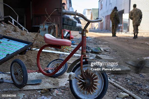 Soldiers on patrol at a holiday resort on the frontline, under control of Ukrainian forces, which was recently shelled by pro-Russian rebels on...