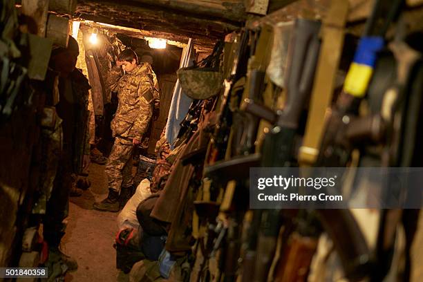 Ukrainian servicemen on stand-by in a military camp near the frontline on December 17, 2015 in Mariupol, Ukraine.