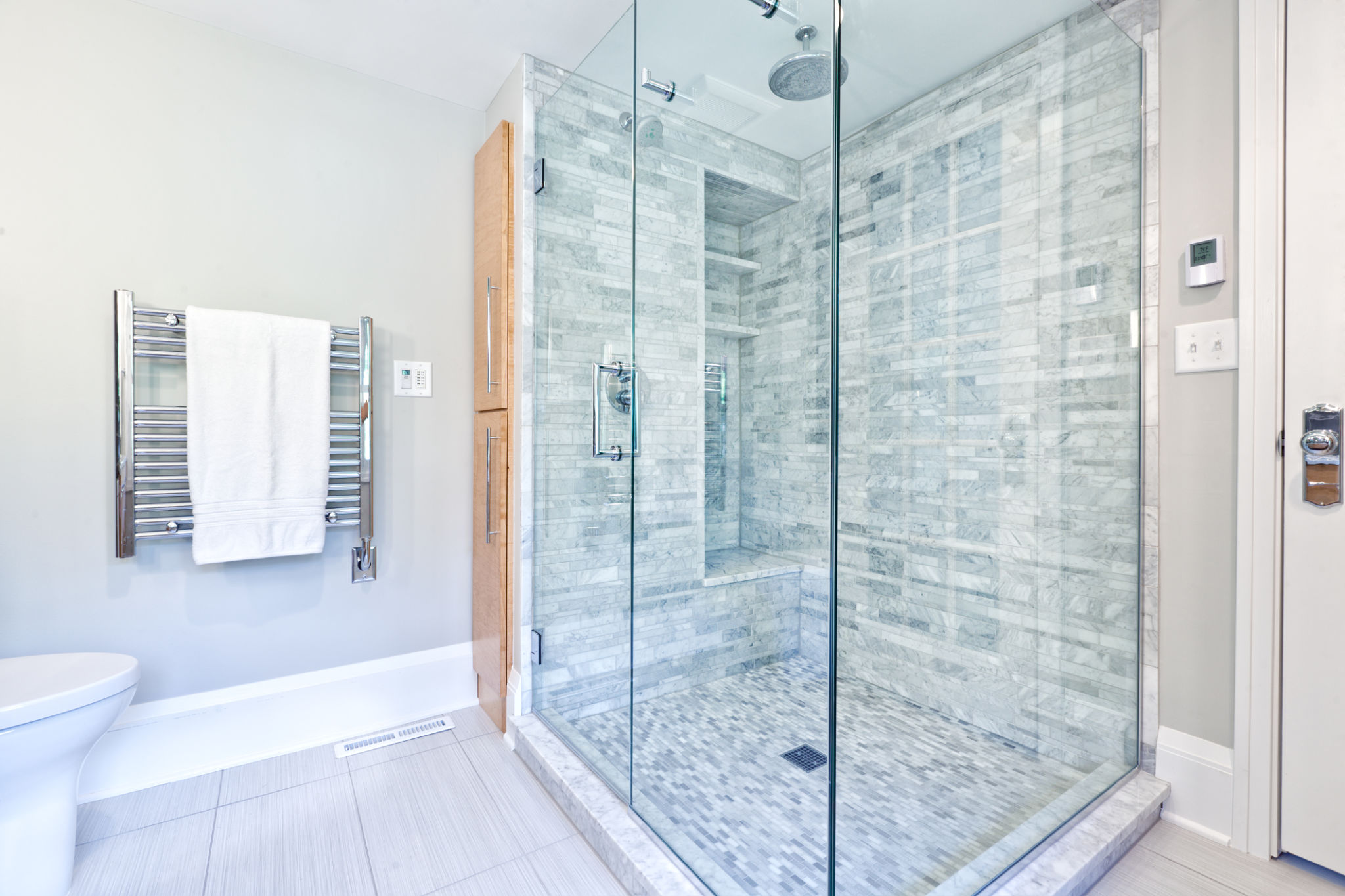 Contemporary Home Bathroom glass Shower Stall with Marble Tiles Contemporary Home Bathroom glass Shower Stall with Marble Tiles