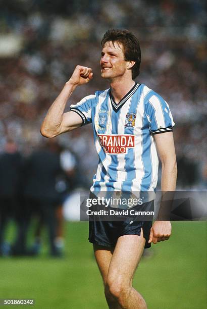 Coventry striker Keith Houchen celebrates after the 1987 FA Cup Final between Coventry City and Tottenham Hotspur at Wembley Stadium on May 16, 1987...