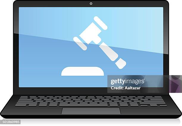 laptop displaying auction hammer - bid stock illustrations