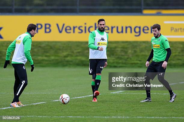 Roel Brouwers, Martin Stranzl and Havard Nordtveit of Borussia Moenchengladbach during a training session at Borussia-Park on December 18, 2015 in...