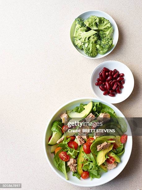 still life of tuna salad with broccoli and kidney beans - tonijnsalade stockfoto's en -beelden