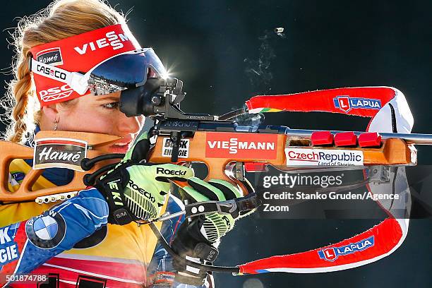 Gabriela Soukalova of the Czech Republic competes during the IBU Biathlon World Cup Women's Sprint on December 18, 2015 in Pokljuka, Slovenia.