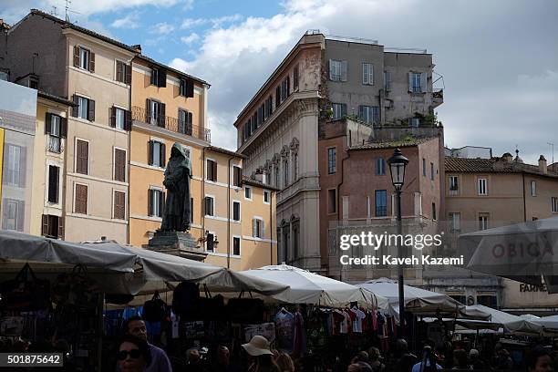 The monument to philosopher Giordano Bruno is erected at the centre of Campo de Fiori square on October 16, 2015 in Rome, Italy. Giordano Bruno was...