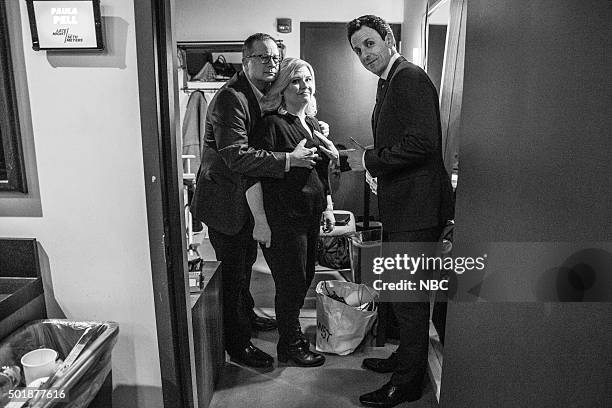 Episode 304 -- Pictured: Michael Shoemaker, Producer, with writer, Paula Pell and host Seth Meyers backstage on December 17, 2015 --