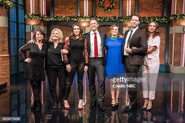 Episode 304 -- Pictured: Host Seth Meyers with the cast of 'Sisters' Rachel Dratch, Paula Pell, Tina Fey, Amy Poehler, Ike Barinholtz, Maya Rudolph...