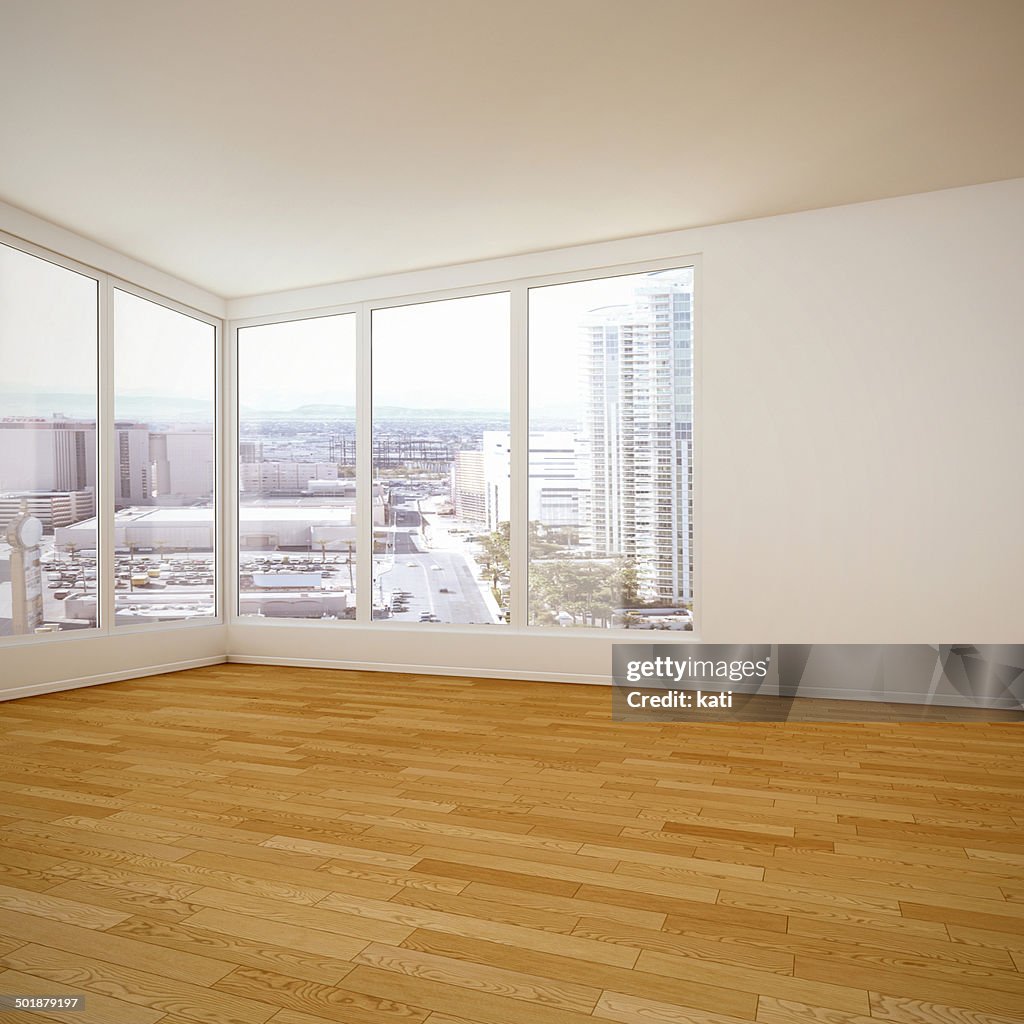 Empty room, white wall, wooden floor, 3D illustration