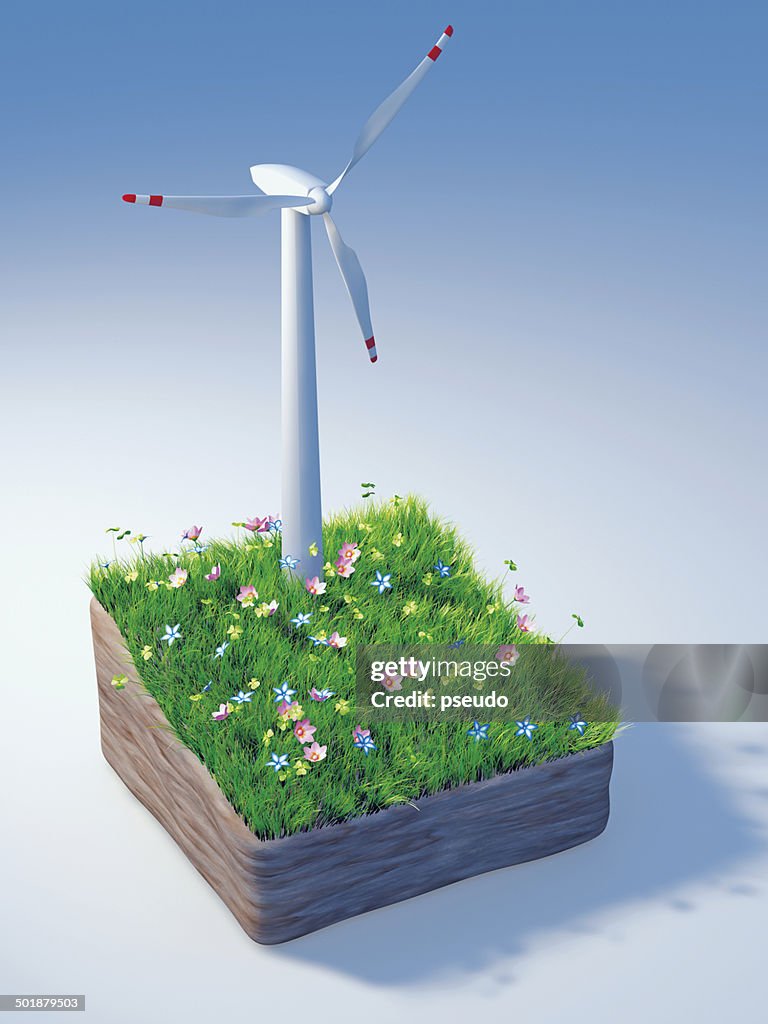 Piece of land with a wind turbine and a flowering meadow, illustration