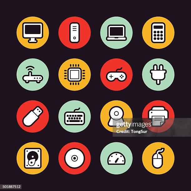 computer icons - regular outline - circle - power supply box stock illustrations