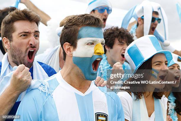 celebrating screaming fans of argentina - argentina fan stock-fotos und bilder