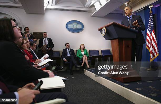 President Barack Obama speaks to the media during his year end news conference in the Brady Briefing Room at the White House December 18, 2015 in...