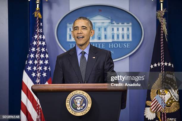 President Barack Obama speaks during his end of the year news conference in the Brady Press Briefing Room at the White House in Washington, USA on...