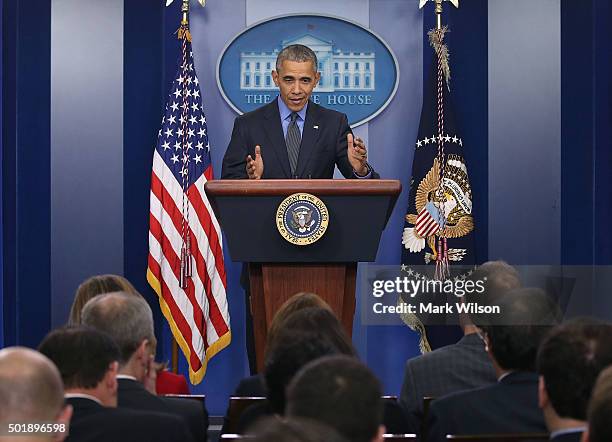 President Barack Obama speaks to the media at his year end press conference in the Brady Briefing Room at the White House December 18, 2015 in...