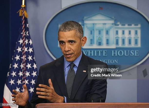 President Barack Obama speaks to the media at his year end press conference in the Brady Briefing Room at the White House December 18, 2015 in...