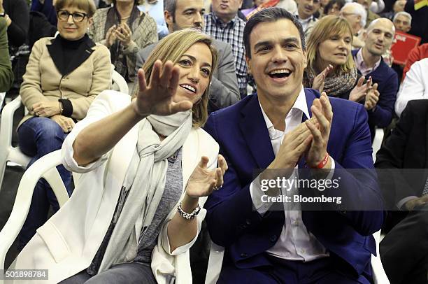 Pedro Sanchez, leader of Partidos Socialista Obrero Espanol , right, applauds with Carmen Chacon, leader for Barcelona of Catalan Socialist Workers'...