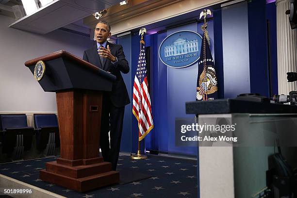 President Barack Obama speaks to the media during his year end press conference in the Brady Briefing Room at the White House December 18, 2015 in...